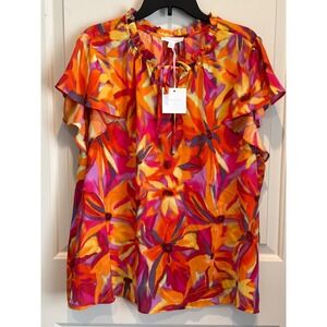 Cynthia Rowley Plus Size 3X Floral Ruffle Tie Neck Flutter Sleeve Blouse Orange